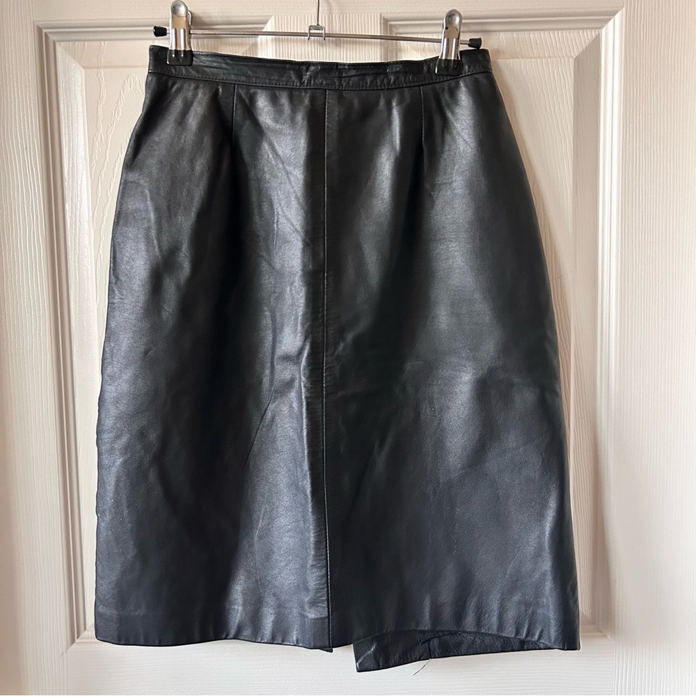 Vintage Rene Derval Black Leather Skirt, Made in USA, XS